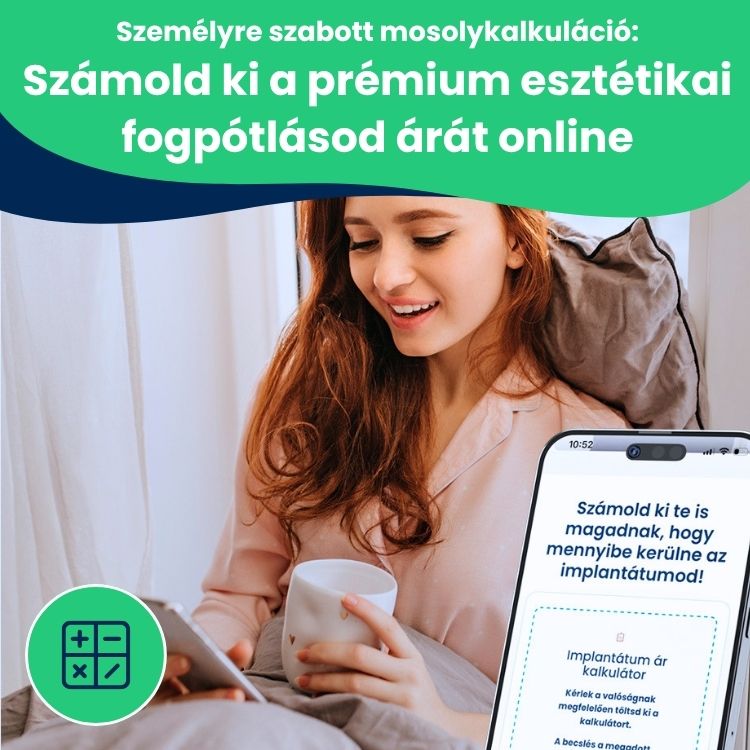 fiatal lány fogimplantátum árkalkulációt készít a telefonján